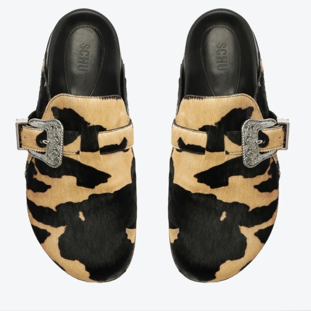Schutz Grace Calf Hair Leather Flat Cow Hide Print Cowboy buckle